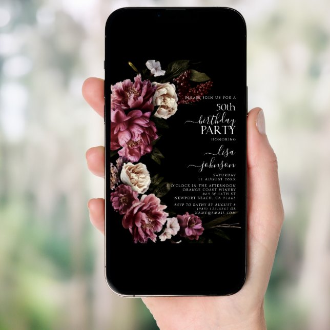 50th Birthday Modern Moody Burgundy Blush Floral Invitation (Front Digital)