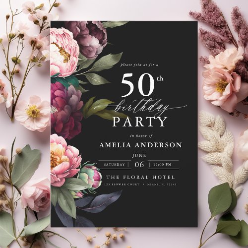 50th Birthday Modern Moody Burgundy Blush Floral