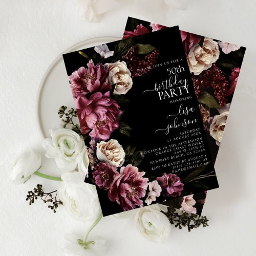 50th Birthday Modern Moody Burgundy Blush Floral