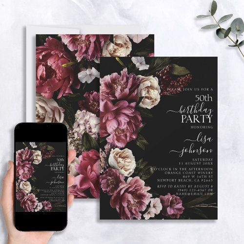 50th Birthday Modern Moody Burgundy Blush Floral Invitation