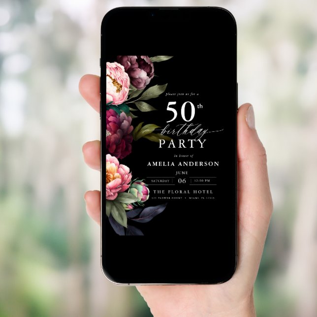 50th Birthday Modern Moody Burgundy Blush Floral Invitation (Front Digital)