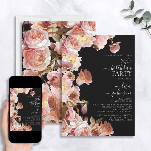 50th Birthday Modern Moody Dark Pink Script Floral Invitation