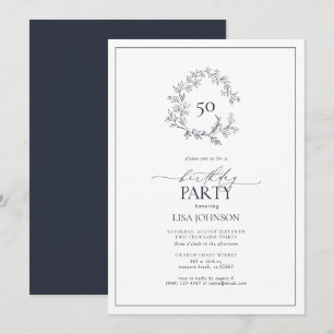 50th Birthday Modern Navy Blue Leafy Crest Invitation