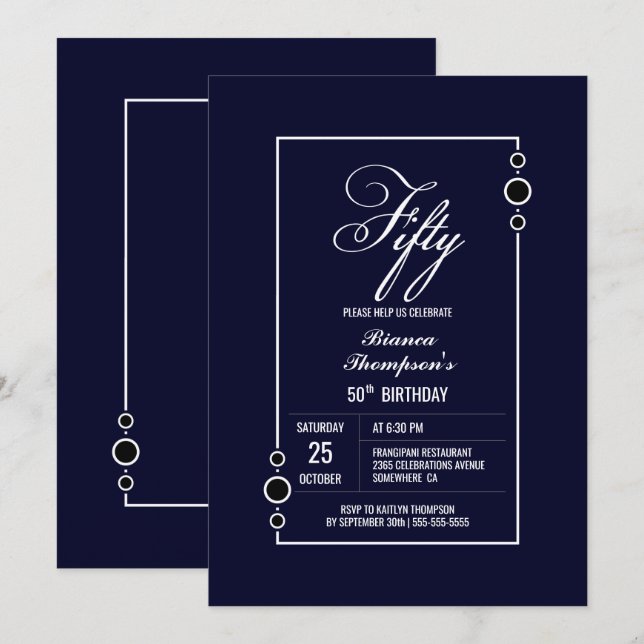 50th Birthday Modern Navy Blue Party Invitation (Front/Back)