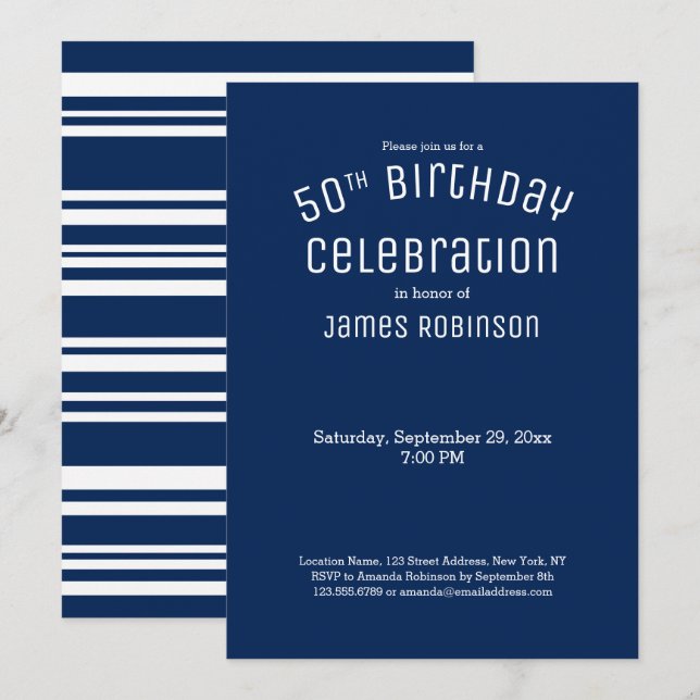 50th Birthday Modern Navy Blue Stripes Invitation (Front/Back)