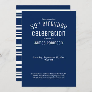 50th Birthday Modern Navy Blue Stripes Invitation