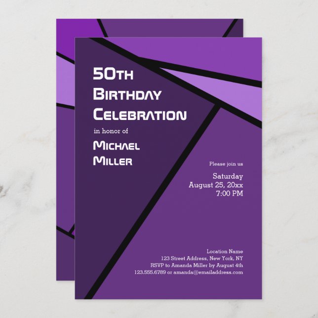 50th Birthday Modern Purple Geometric Shapes Invitation (Front/Back)