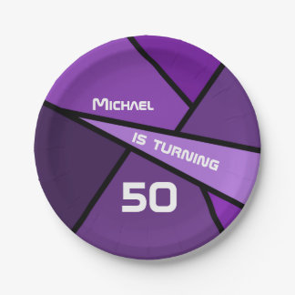 50th Birthday Modern Purple Geometric Shapes Paper Plates