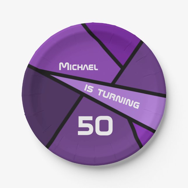 50th Birthday Modern Purple Geometric Shapes Paper Plates (Front)