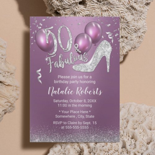 50th Birthday Modern Purple  Silver Fabulous 50 Invitation