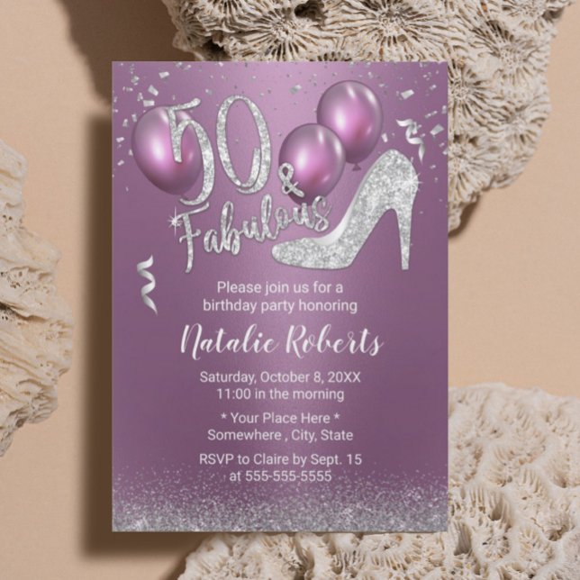 50th Birthday Modern Purple & Silver Fabulous 50 Invitation (Creator Uploaded)