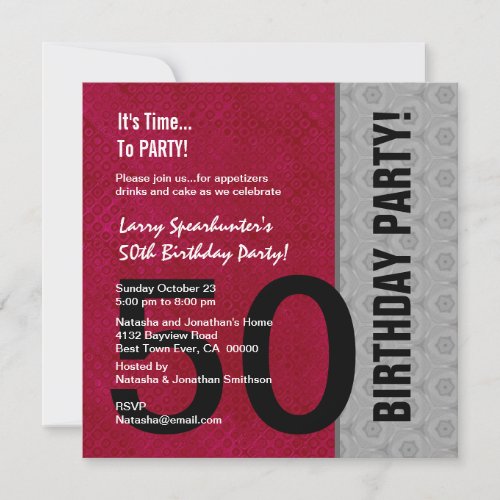 50th Birthday Modern Red Silver Black C947 Personalized Invitation