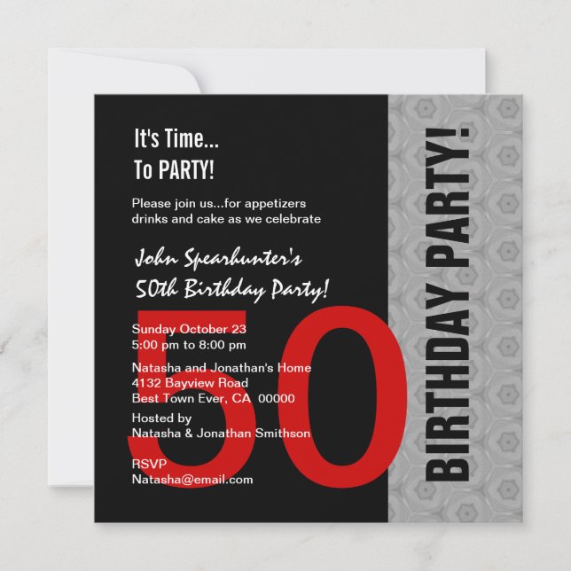 50th Birthday Modern Red Silver Black Funny D845 Invitation (Front)