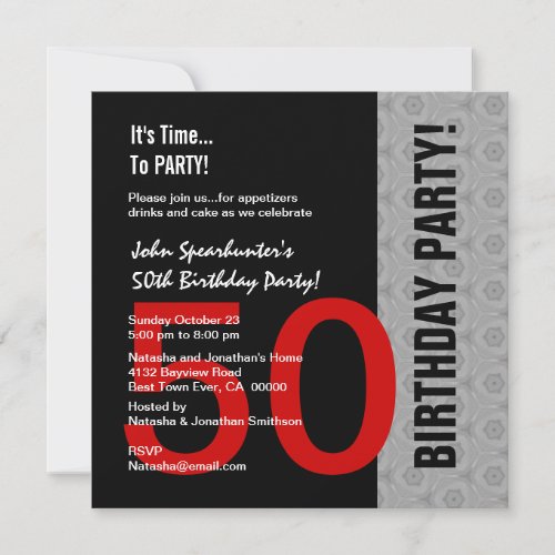 50th Birthday Modern Red Silver Black Funny D845 Invitation