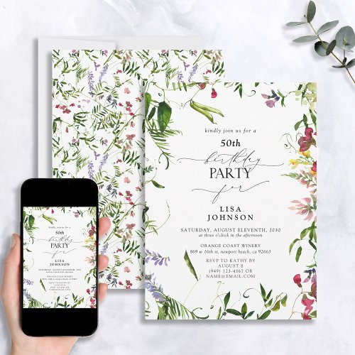 50th Birthday Modern Summer Wildflower Watercolor Invitation