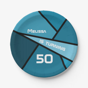 50th Birthday Modern Teal Geometric Shapes Paper Plates