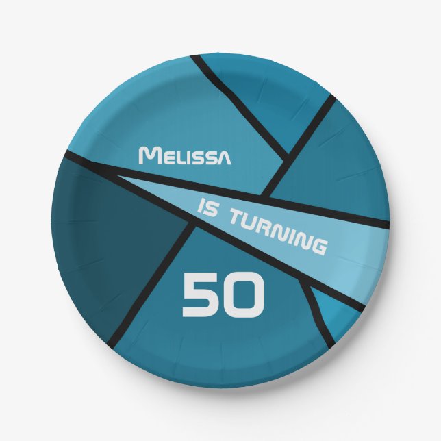 50th Birthday Modern Teal Geometric Shapes Paper Plates (Front)