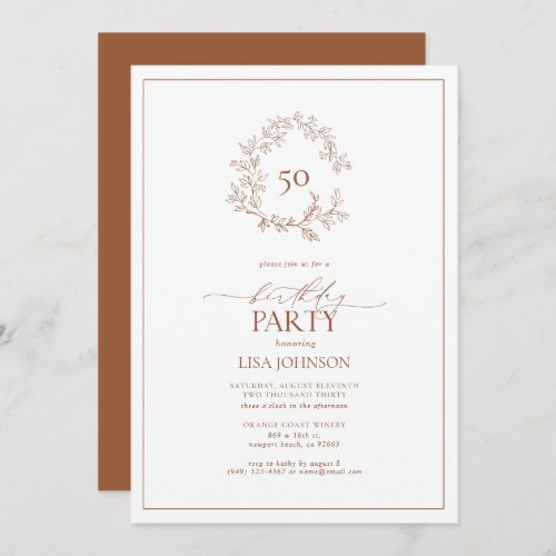 50th Birthday Modern Terracotta Leafy Crest Invitation