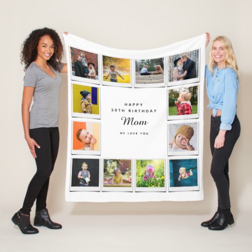 50th Birthday Mom Photo Collage Template White Fleece Blanket