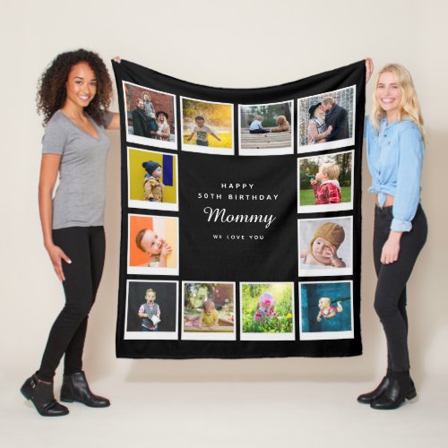 50th Birthday Mommy Photo Collage Template Black Fleece Blanket