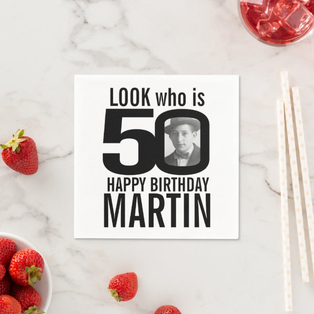 50th birthday mono look 50 custom photo and name napkins (Insitu)