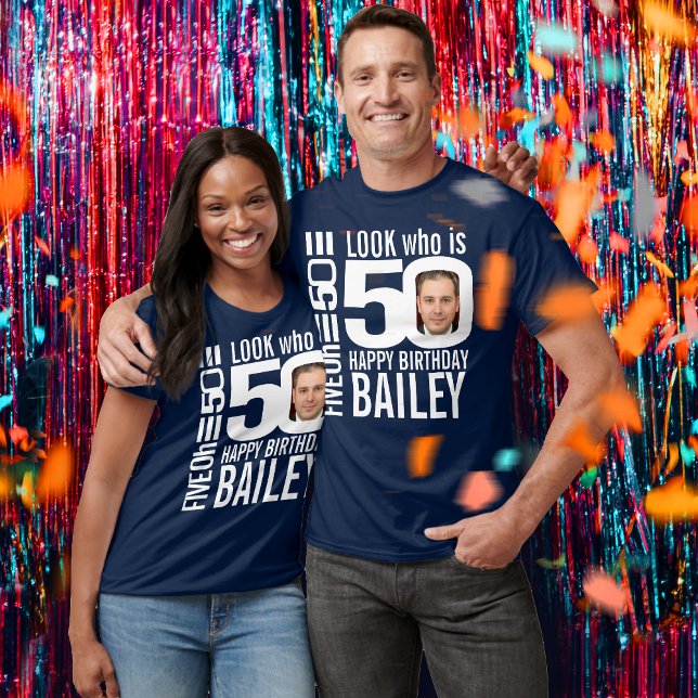 50th birthday mono look 50 custom photo and name T-Shirt (Creator Uploaded)