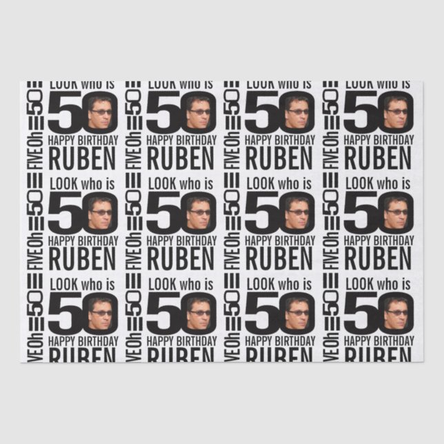 50th birthday mono look 50 custom photo and name tissue paper (Front)