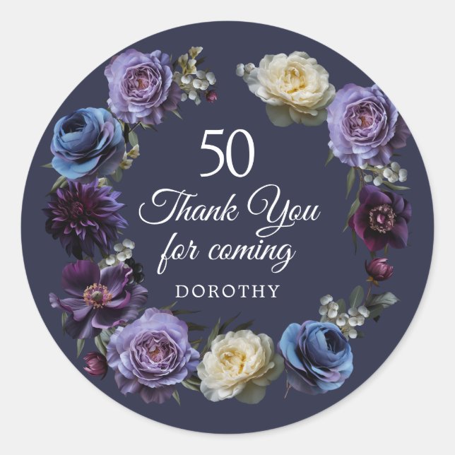 50th Birthday Moody Purple Flower Thank You Favor Classic Round Sticker (Front)