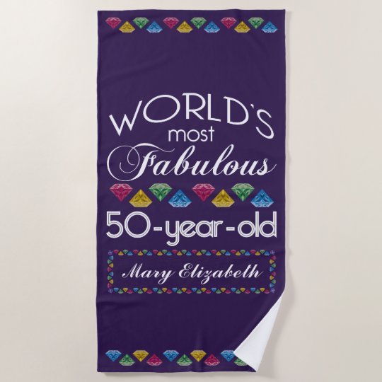 50th Birthday Most Fabulous Colorful Gems Purple Beach Towel