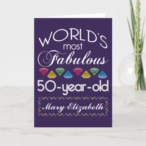 50th Birthday Most Fabulous Colorful Gems Purple Card