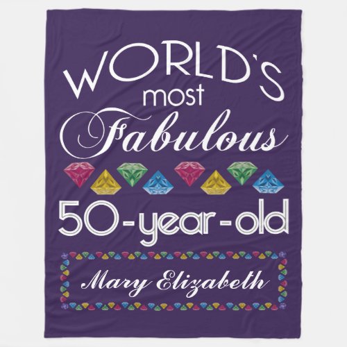 50th Birthday Most Fabulous Colorful Gems Purple Fleece Blanket