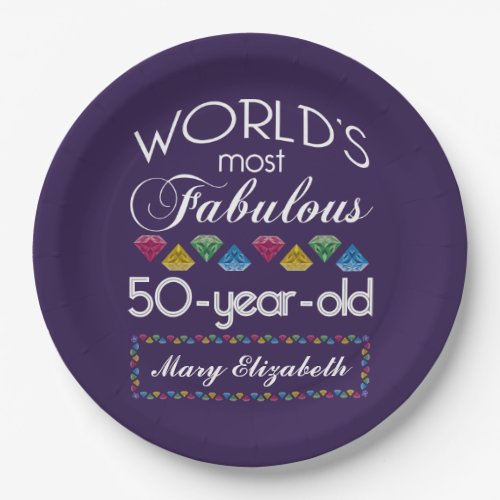 50th Birthday Most Fabulous Colorful Gems Purple Paper Plates