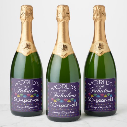 50th Birthday Most Fabulous Colorful Gems Purple Sparkling Wine Label
