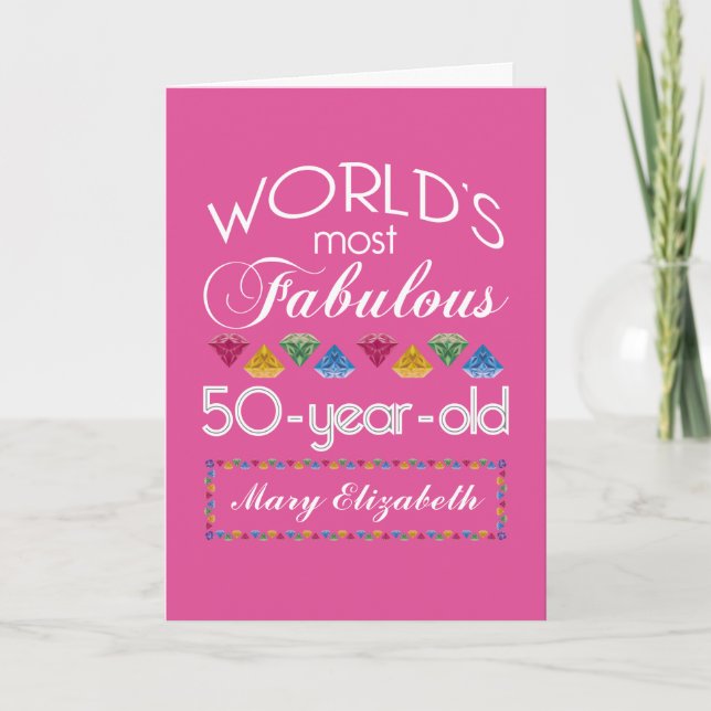 50th Birthday Most Fabulous Gems Raspberry Pink Card (Front)