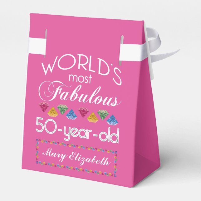 50th Birthday Most Fabulous Gems Raspberry Pink Favor Boxes (Back Side)