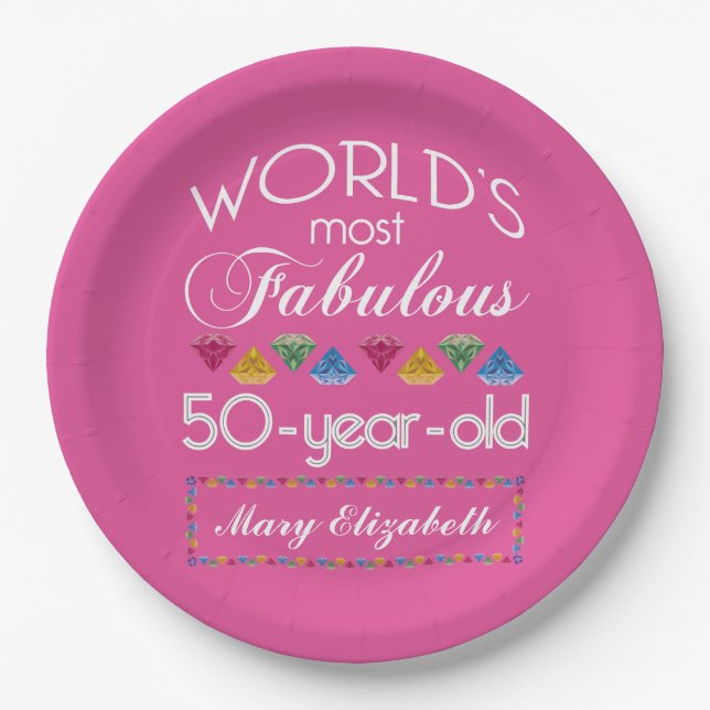 50th Birthday Most Fabulous Gems Raspberry Pink Paper Plates (Front)