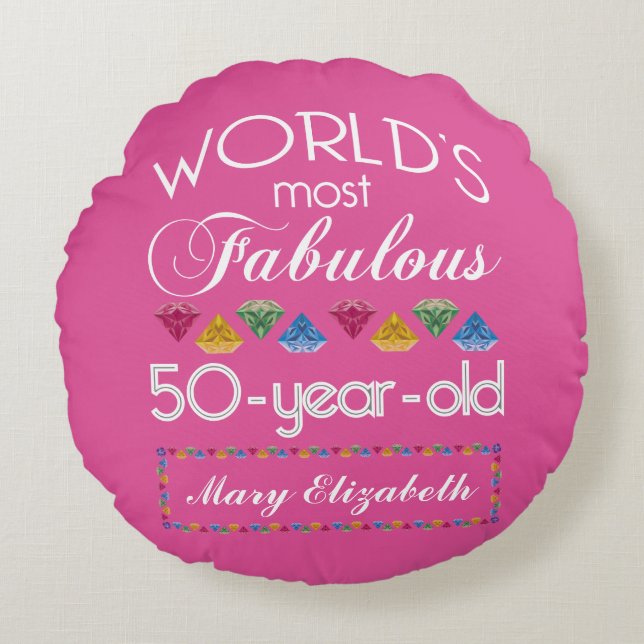 50th Birthday Most Fabulous Gems Raspberry Pink Round Pillow (Front)