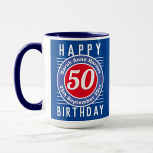 50th Birthday Mug with Age, Name, & Date