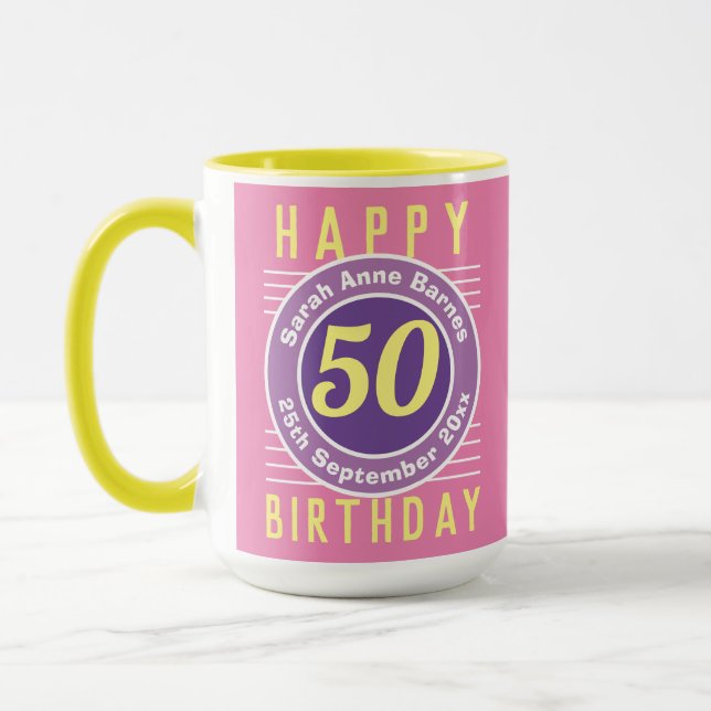 50th Birthday Mug with Age, Name, & Date (Left)