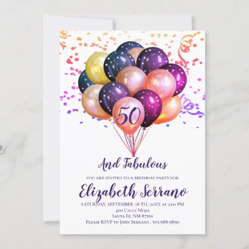 50th Birthday Multi Metallic Colored Balloons Invitation
