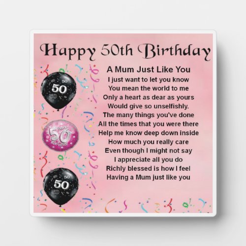 50th Birthday Mum Poem Plaque