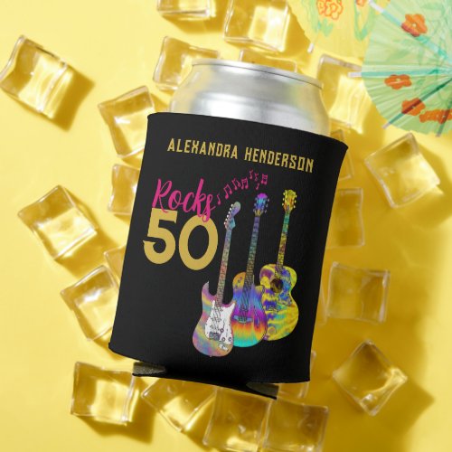 50th birthday Music Guitar Rocks 50 Pink Can Cooler
