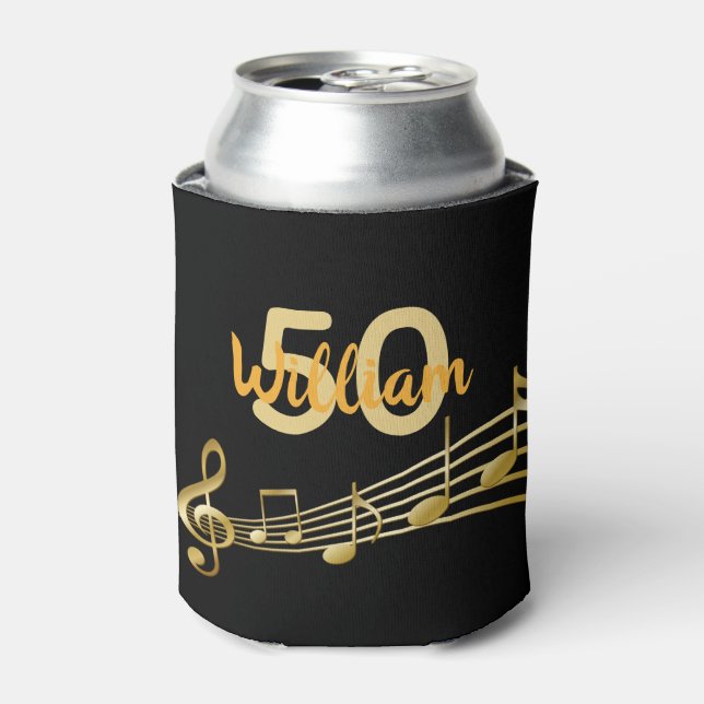 50th birthday music notes black gold name can cooler (Can Front)