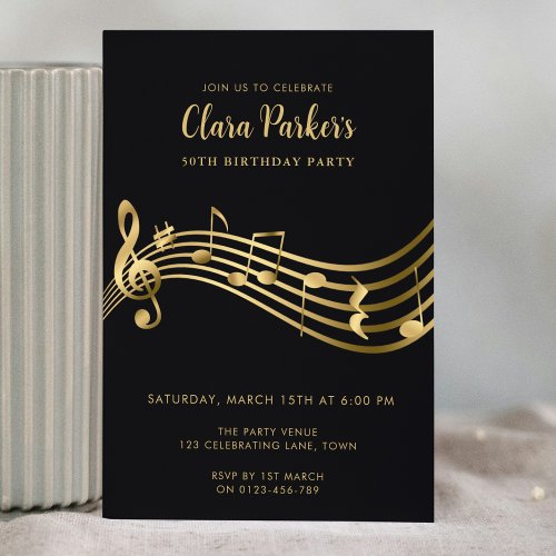 50th Birthday Music Notes Gold Elegant Modern Invitation