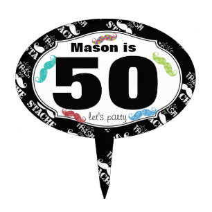 50th Birthday Mustache Mr. Hipster Vintage Retro Cake Topper
