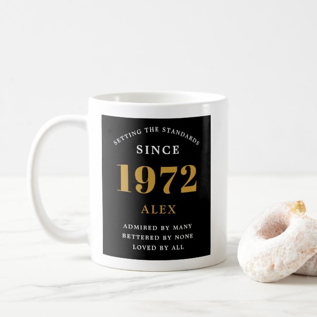 50th Birthday Name 1972 Black Gold Elegant Chic Coffee Mug (With Donut)