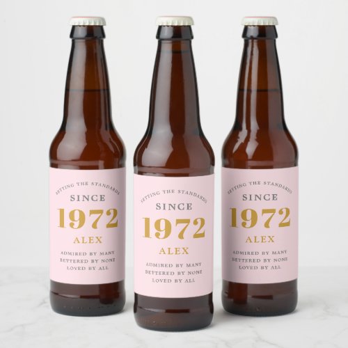 50th Birthday Name 1972 Pink Grey Elegant Chic Beer Bottle Label