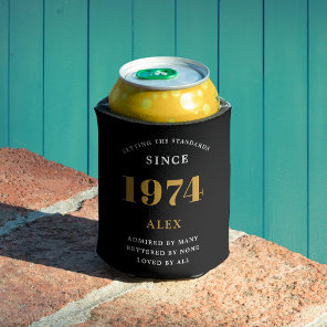 50th Birthday Name 1974 Black Gold Elegant Chic Can Cooler