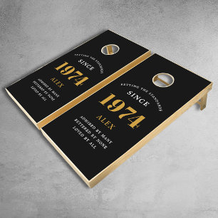 50th Birthday Name 1974 Black Gold Elegant Chic Cornhole Set