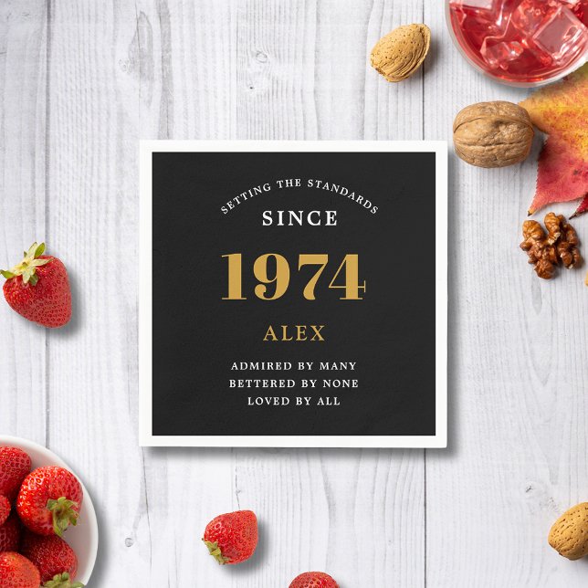 50th Birthday Name 1974 Black Gold Elegant Chic Napkins (Premium 50th Birthday Black and Gold Personalized Paper Napkins - Celebration Elegance)